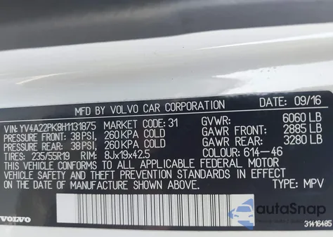 2017 Volvo Xc90 T6 Momentum из США, поврежденный, VIN YV4A22PK8H1131875